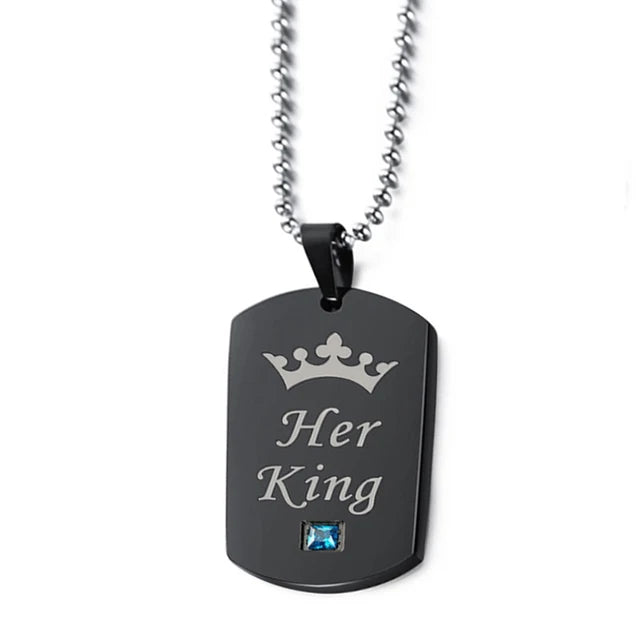 Couple Military Brand Necklace Her King & His Queen Pendant Valentine's Day Wedding Anniversary Crown Tag Jewelry