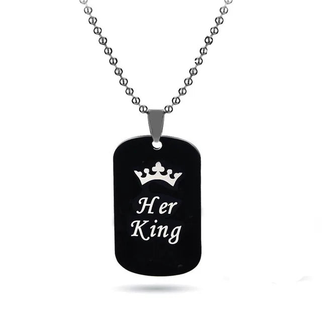 Couple Military Brand Necklace Her King & His Queen Pendant Valentine's Day Wedding Anniversary Crown Tag Jewelry