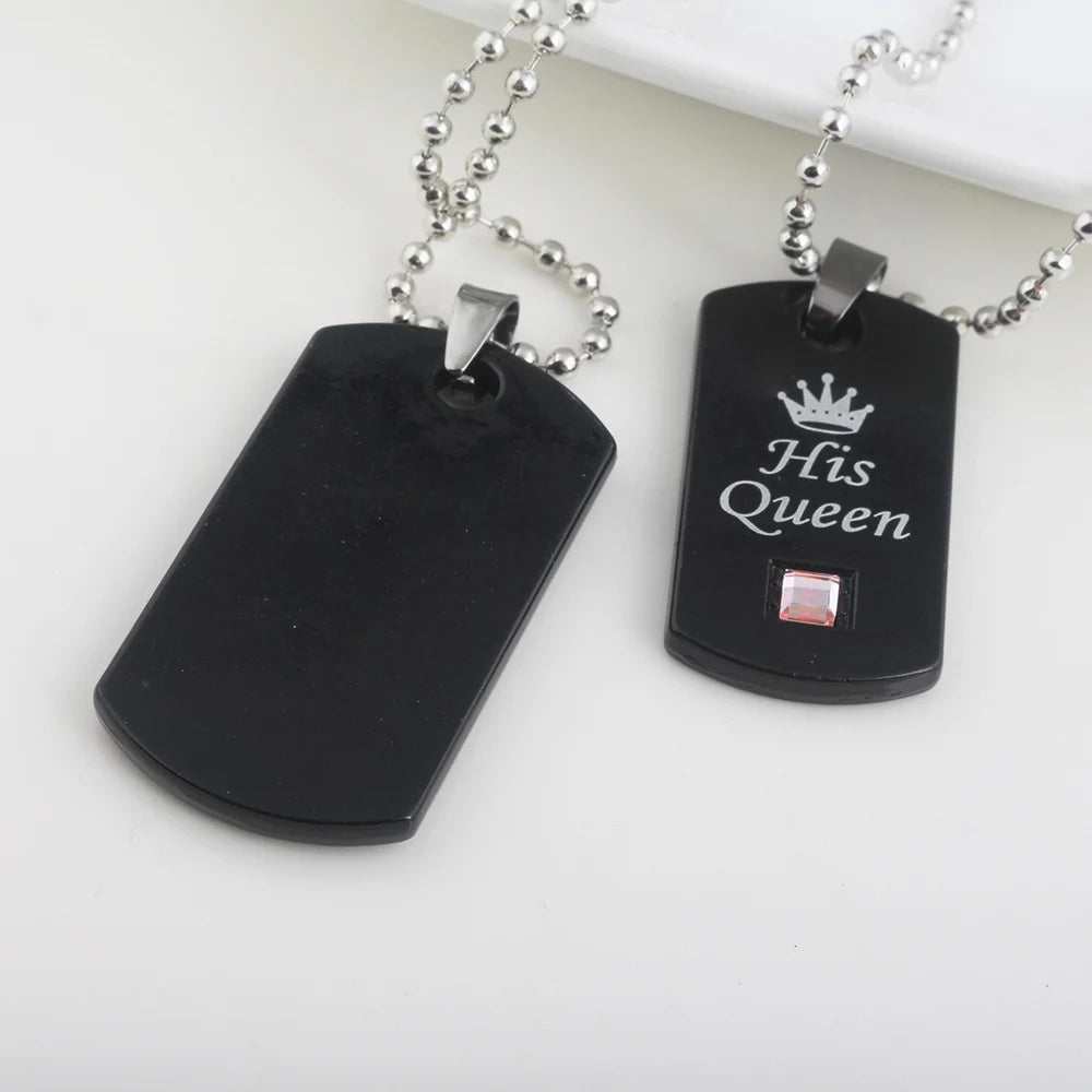 Couple Military Brand Necklace Her King & His Queen Pendant Valentine's Day Wedding Anniversary Crown Tag Jewelry