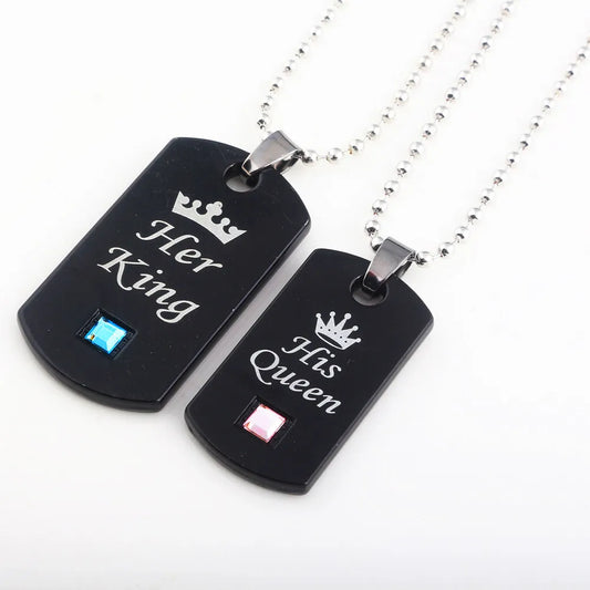 Couple Military Brand Necklace Her King & His Queen Pendant Valentine's Day Wedding Anniversary Crown Tag Jewelry