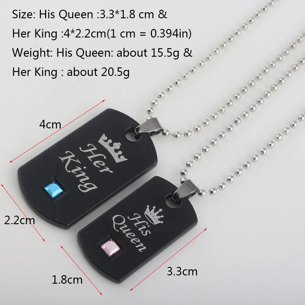 Couple Military Brand Necklace Her King & His Queen Pendant Valentine's Day Wedding Anniversary Crown Tag Jewelry