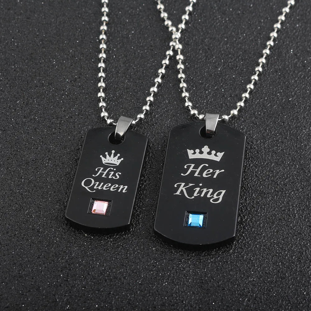 Couple Military Brand Necklace Her King & His Queen Pendant Valentine's Day Wedding Anniversary Crown Tag Jewelry